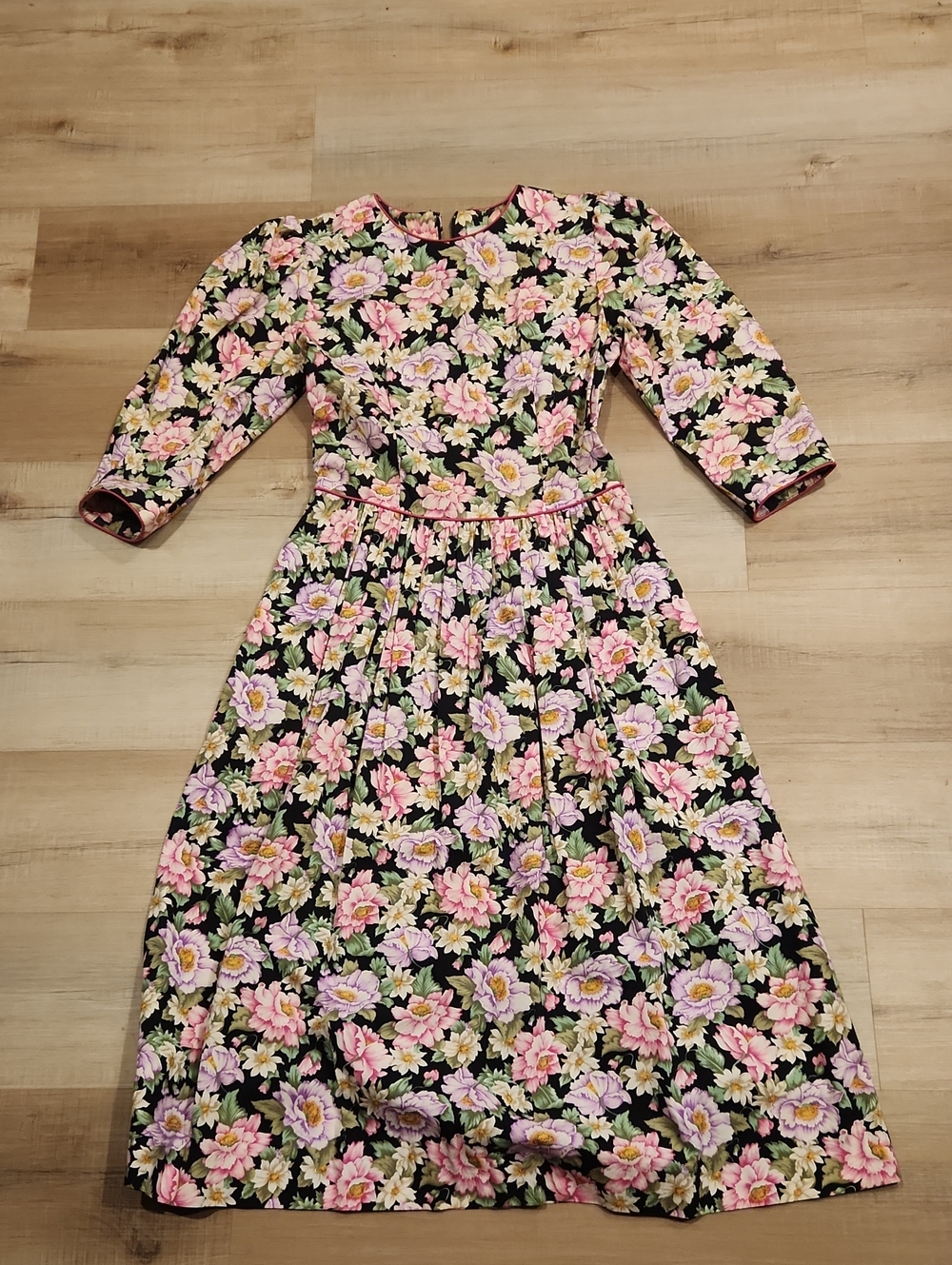 Floral Black Midi Dress with Pink & Lavender Blooms